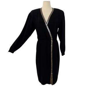 St. John Paillettes Shimmer Santana Knit Sheath Midi Dress Black 10 Vintage 80s